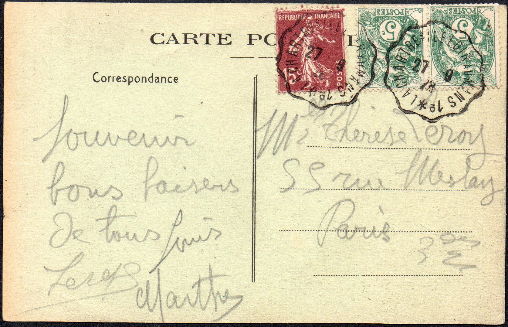 Railway / Tramway cancellations of La Sarthe : St-Pierre-du-Lorouer Courrier-Convoyeur-Ligne La Chartre-s/le Loir au Mans 1⁰